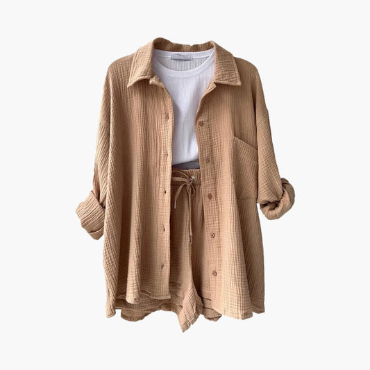 Lara™ - Bekväm Lös Button Top Och Kort 2-delat Set