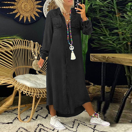 Sarah™ - Avslappnad Långärmad Maxiklänning i Denim