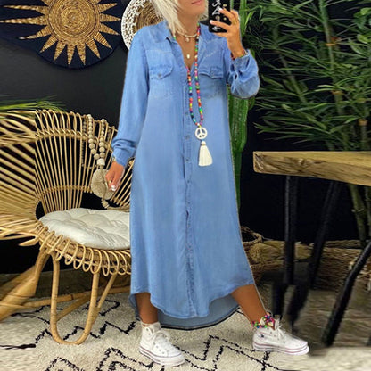 Sarah™ - Avslappnad Långärmad Maxiklänning i Denim