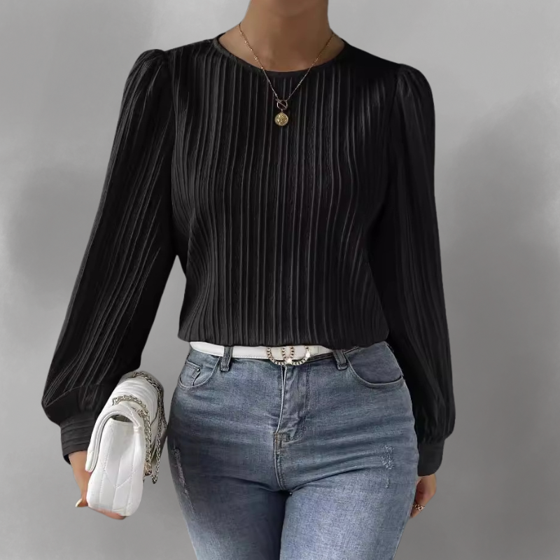 Elevelle™ - Elegant Plisserad Blus med Långa Ärmar