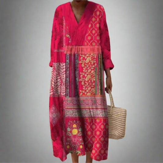Maisie™ | Boho Midi-klänning med Patchwork och Långa Ärmar